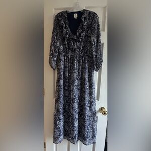 Joie Navy & White Floral Ruffle-Front Maxi Dress